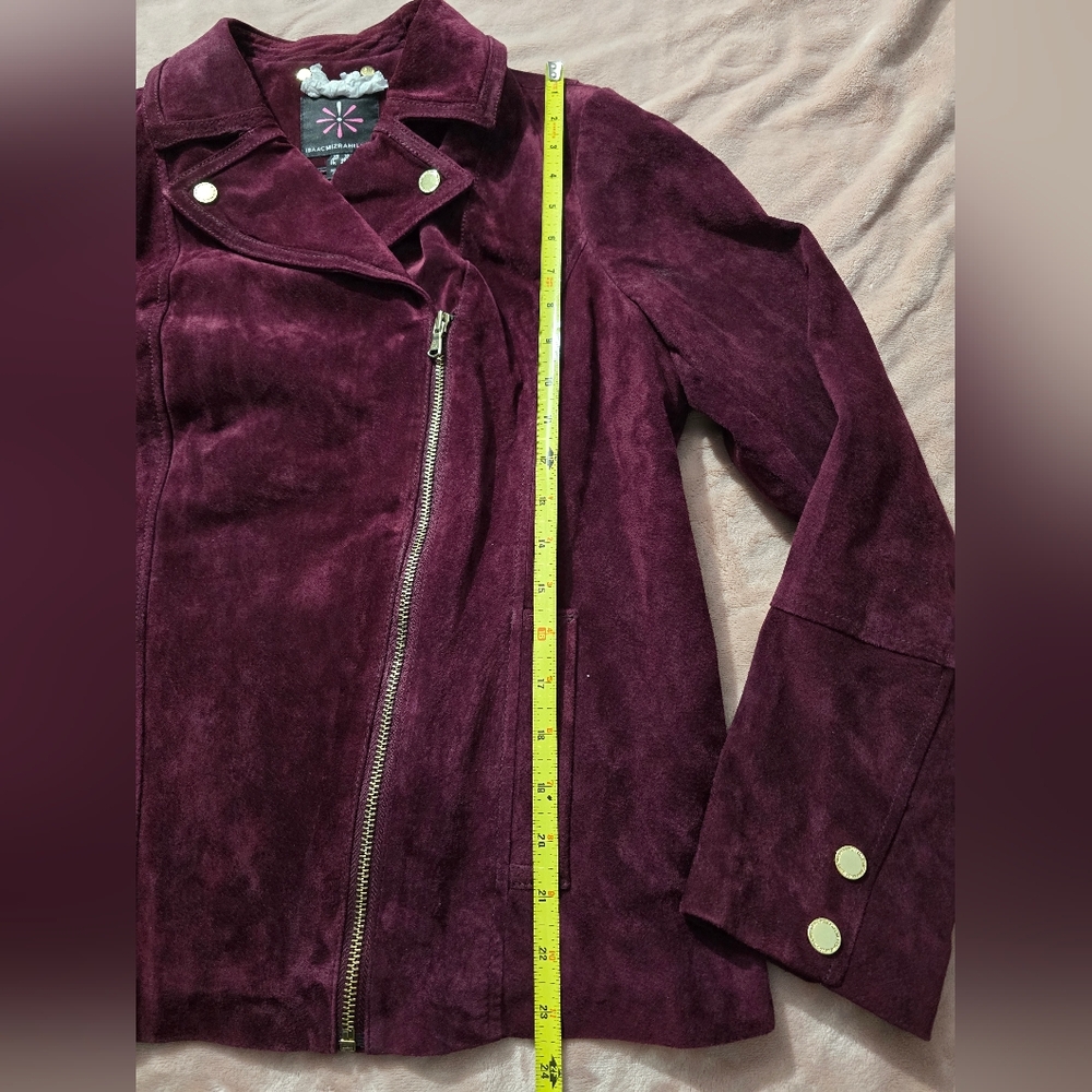 Isaac Mizrahi Live Suede Leather Moto Burgundy Wine Asymmetrical Zip Jacket US10 - Picture 7 of 10